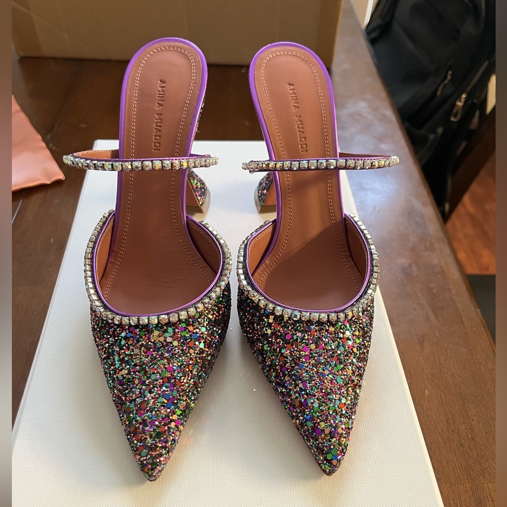 New Amina Muaddi Gilda Mule Glitter pumps
